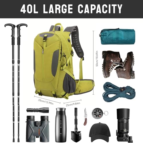 Hiking Backpack 40L, Waterproof Hiking Backpack with Rain Cover, Large Camping Bag Outdoor Sport Travel Daypack | Rain Cover - color: Green