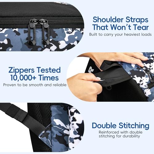 KAVIGOR Lacrosse Bag 65L, Extra Large Lacrosse Gear Backpack with Multi-Pocket Design, Helmet Holder & Ventilated Shoe Compartment - color: Camo Blue