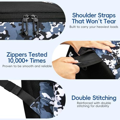 KAVIGOR Lacrosse Bag 65L, Extra Large Lacrosse Gear Backpack with Multi-Pocket Design, Helmet Holder & Ventilated Shoe Compartment - color: Camo Blue