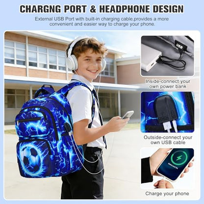 Bevalsa Backpack for Boys, Lightning School Bags with Lunch Bag & Pen Case for Kids, Bookbag for Boys Teens Elementary Middle High School - color: Blue Football
