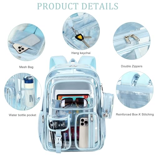 Clear Backpack for School,18 Inch Extra Large Heavy Duty Bookbag for Girls and Boys,Durable See Through PVC Transparent School Backpack forTravel(Blue) - color: Blue