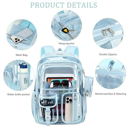 Clear Backpack for School,18 Inch Extra Large Heavy Duty Bookbag for Girls and Boys,Durable See Through PVC Transparent School Backpack forTravel(Blue) - color: Blue