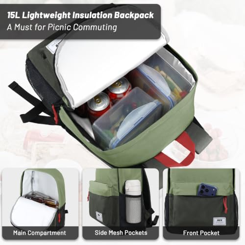 MIER Insulated Backpack Cooler Small Leakproof Lightweight Cute for Women Men to Work, Picnics, Camping, Park Day Trips, 15 L - color: Green/dark gray