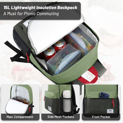 MIER Insulated Backpack Cooler Small Leakproof Lightweight Cute for Women Men to Work, Picnics, Camping, Park Day Trips, 15 L - color: Green/dark gray