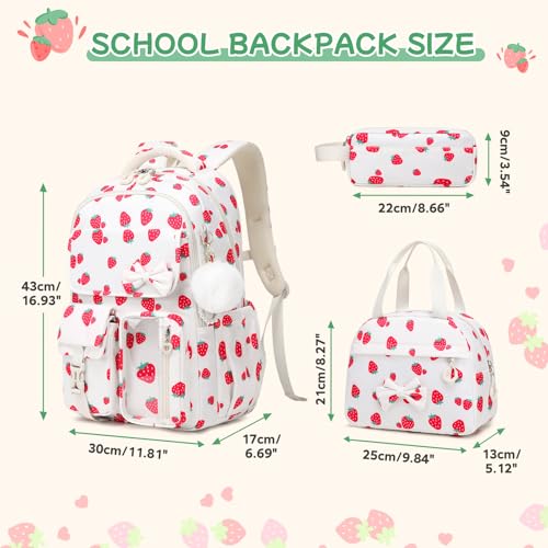 Girls Backpack, School Backpack for Girls, Cute Bow Kids Bookbag for Grils Children Teens for Elementary Middle High School Student, Back To School, White Strawberry 3pcs - color: White Strawberry-3pcs
