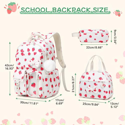 Girls Backpack, School Backpack for Girls, Cute Bow Kids Bookbag for Grils Children Teens for Elementary Middle High School Student, Back To School, White Strawberry 3pcs - color: White Strawberry-3pcs