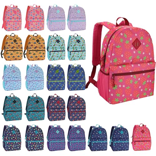 24-Pack 17" Elementary Bulk Backpacks for School, Bulk Printed Bookbags for Boys and Girls Ages 5-11, Assorted Prints for School Drives, Donations, and Giveaways - color: Assorted 2x12 Colors