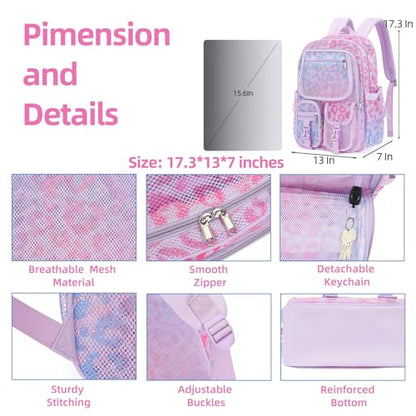 Leopard Purple Mesh Backpack for Girls Boys, Mesh Bookbags Heavy Duty Semi-Transparent School Bag for College, Travel, Beach, Swimming, Sports - color: Leopard Purple