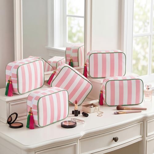 Kacctyen 6 Pack Light Pink and White Striped Makeup Bag bulk with Tassel Travel Cosmetic Pouch Organizer Large Zipper Toiletry Case for Women Aesthetic Storage Pouch Mahjong Tile Bag - color: Light Pink and White