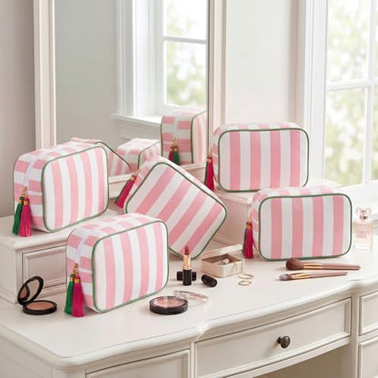 Kacctyen 6 Pack Light Pink and White Striped Makeup Bag bulk with Tassel Travel Cosmetic Pouch Organizer Large Zipper Toiletry Case for Women Aesthetic Storage Pouch Mahjong Tile Bag - color: Light Pink and White