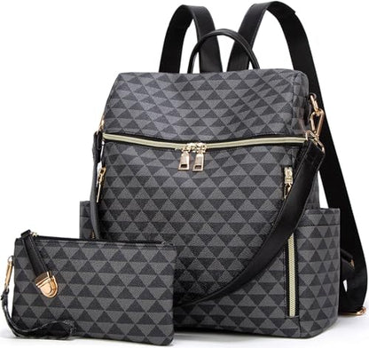 Makes Backpack Purse for Women PU Leather Travel Satchel Handbag Convertible Design Bag with Purse 2 Piece - color: Black Triple