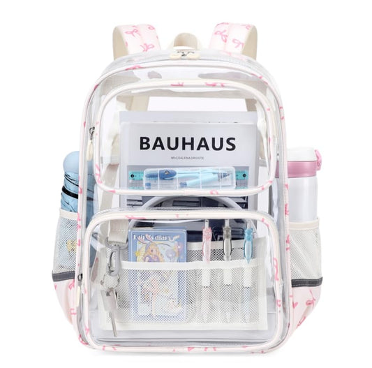 Sisipoet Clear Backpack for Girls with Bow Print, Heavy Duty Transparent Bookbag for School, Stadium, and Concert, Beige - color: White/Bow