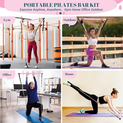 COFOF Pilates Bar Kit with Resistance Bands, Multifunctional Yoga Pilates Bar with Heavy-Duty Metal Adjustment Buckle, Portable Home Gym Pilates Resistance Bar Kit for Women Full Body Workouts - color: Pink