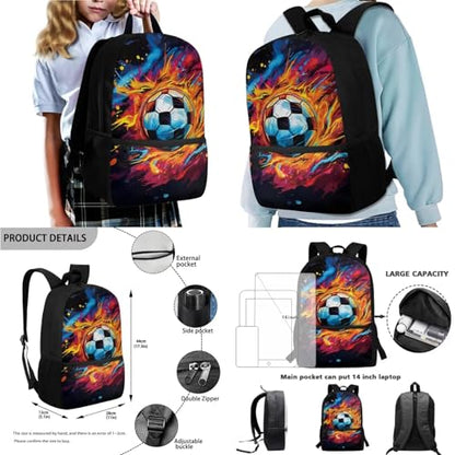 Soccer Flame Splash Backpack Set School Bag Set with Lunch Bag Pen Case Water Bottle Sleeve Zippered Portable Bookbag for Kindergarten Child, 4 Pieces - color: Soccer Flame Splash