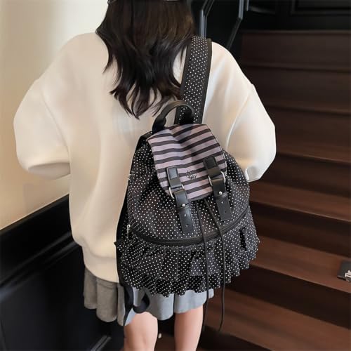 Cute Polka Dot Lace Backpack for Women Flap-top Casual Backpack Cute Nylon Bookbag - color: Black-