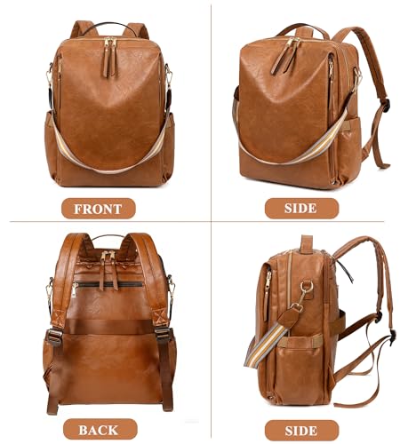 myfriday PU Leather Large Backpack Purse for Women Casual Travel Backpack Convertible Satchel Handbags With Luggage Strap (Brown) - color: Brown