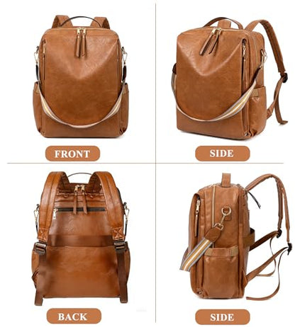 myfriday PU Leather Large Backpack Purse for Women Casual Travel Backpack Convertible Satchel Handbags With Luggage Strap (Brown) - color: Brown