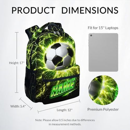 Personalized Kids School Backpack, Soccer Back Pack for Boys Teens Team Players - 17 Inch Large Capacity Sport Theme Bookbag for Primary - color: Green