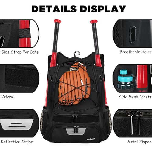 Goloni | Baseball Backpack,Baseball Bag for Adult,Softball Bat Bag with Shoes Compartment,Large Main Compartment for Helmet & accessories, Fence Hook - color: black