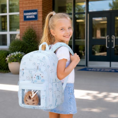 Capybara Theme Backpack for School Girls, 35PCS Kids Backpack Set with School Supplies Stationery Kit Lunch Box Pencil Case, Cute Girls Bookbag for Kindergarten Elementary Student - color: Blue