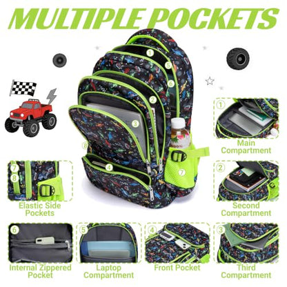 BLUEFAIRY Kids Backpacks for Boys Girls Ages 6-8 8-10 10-12 Elementary Middle School Backpack 17 Inch Back to School Bookbag with Laptop Compartment Mochilas Escolares para Niños Niñas (Green Car) - color: Green Car