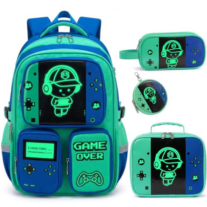 Boys Backpack, Luminous Gamer Backpack for Boys with Lunch Box,Pencil Case and Coin Puese,Kids Schoolbag Bookbag for Teen Boy Elementary Middle High School Travel(Green-Blue) - color: Green-blue