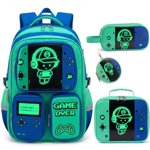 Boys Backpack, Luminous Gamer Backpack for Boys with Lunch Box,Pencil Case and Coin Puese,Kids Schoolbag Bookbag for Teen Boy Elementary Middle High School Travel(Green-Blue) - color: Green-blue
