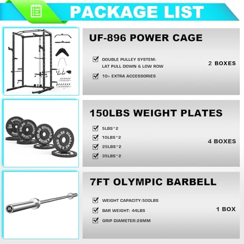 ULTRA FUEGO Power Cage, Multi-Functional Power Rack with J-Hooks, Dip Handles, Landmine Attachment and Optional Cable Pulley System for Home Gym - size: 150LB Weights Package,black