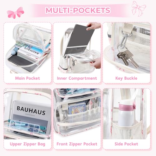 Sisipoet Clear Backpack for Girls with Bow Print, Heavy Duty Transparent Bookbag for School, Stadium, and Concert, Beige - color: White/Bow