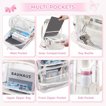 Sisipoet Clear Backpack for Girls with Bow Print, Heavy Duty Transparent Bookbag for School, Stadium, and Concert, Beige - color: White/Bow