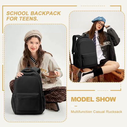 Lightweight School Backpack for Women Men, Black Laptop Travel Casual Daypack College Secondary School Bags Bookbag for Teenage Girls Boys - color: Black