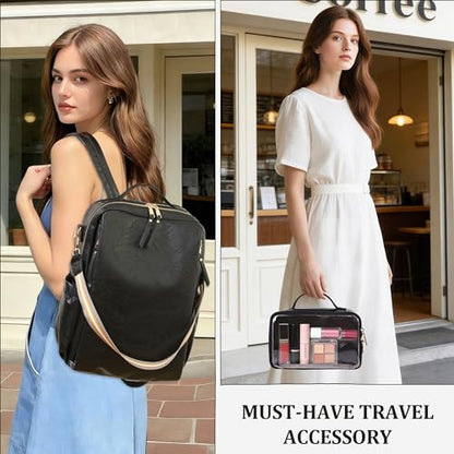 Dora & Liz Laptop Backpack for Women, Leather Travel Backpack with 15.6 Inch Laptop Compartment, College Work Computer Bag (Black-3P) - color: Black-3p