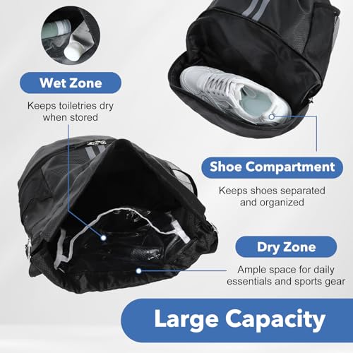 Drawstring Gym Bag with Shoe Compartment and Side Mesh Pockets, Waterproof Sports Drawstring Backpack, Wet and Dry Separation String Backpack for Women Men, Suitable for Fitness, Swimming, Football
