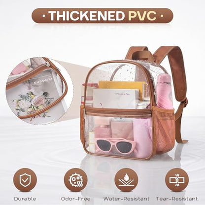 Oraben Clear Backpack Stadium Approved, 12 x 6 x 11 in, Small Transparent Backpack for Concerts, Sports Events, Festivals, Travel, Waterproof PVC, Adjustable Straps, Women Men - color: Coffee Brown, style: Enhanced Strap