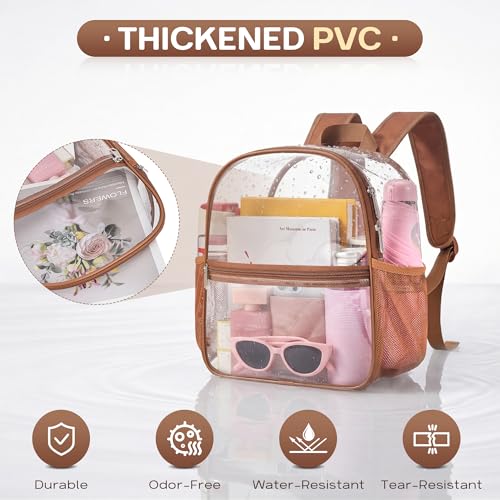 Oraben Clear Backpack Stadium Approved, 12 x 6 x 11 in, Small Transparent Backpack for Concerts, Sports Events, Festivals, Travel, Waterproof PVC, Adjustable Straps, Women Men - color: Coffee Brown, style: Enhanced Strap