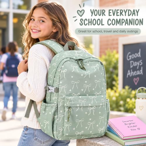 LOIDOU Girls Backpack for Kids Cute School Bookbag - color: Sage Green, size: L-17"