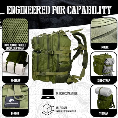 AMERICANPHOENIX 45L Elite Tactical Backpack | 3X Stronger Work & Military Backpack | Water Resistant and Heavy Duty | 3 Day MOLLE Bug Out Bag (Olive Green) - color: Olive Green