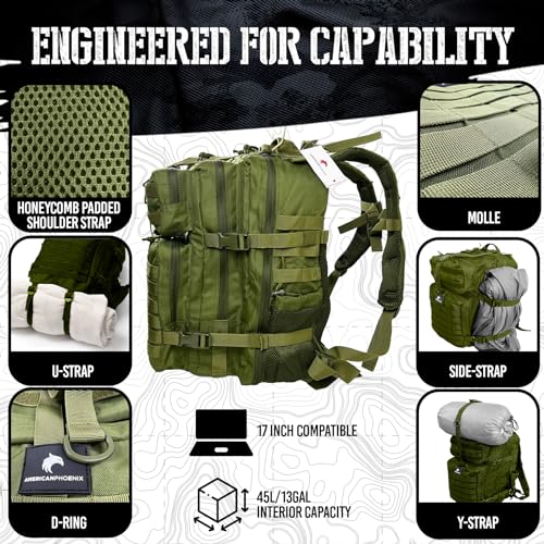 AMERICANPHOENIX 45L Elite Tactical Backpack | 3X Stronger Work & Military Backpack | Water Resistant and Heavy Duty | 3 Day MOLLE Bug Out Bag (Olive Green) - color: Olive Green