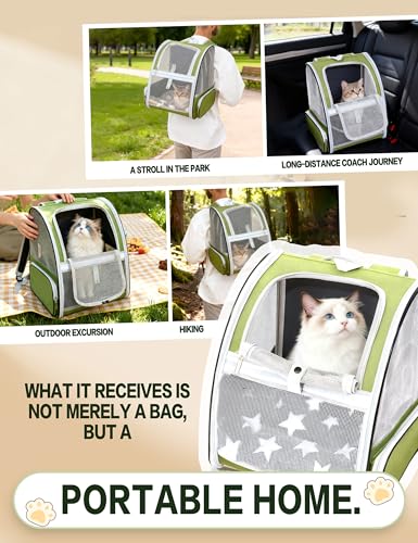 Cat Backpack Carrier with Washable Bed Mat Breathable Cat Carrier Large Space Medium Small Dog Puppy Kitty Ventilated Mesh Pet Backpack for Cats Travel Walking Outdoor Use(Green 13.8" Lx11.4 Wx16 H)