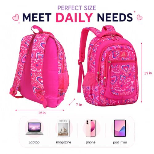 MYGOO Girls School Backpack Vineyard Heart Pink Bookbag for Elementary Middle School Ages 5-12, 17 inch Large Capacity 24L Kids Student Travel Bags - color: Vineyard Heart Pink