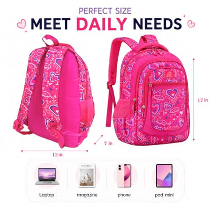 MYGOO Girls School Backpack Vineyard Heart Pink Bookbag for Elementary Middle School Ages 5-12, 17 inch Large Capacity 24L Kids Student Travel Bags - color: Vineyard Heart Pink