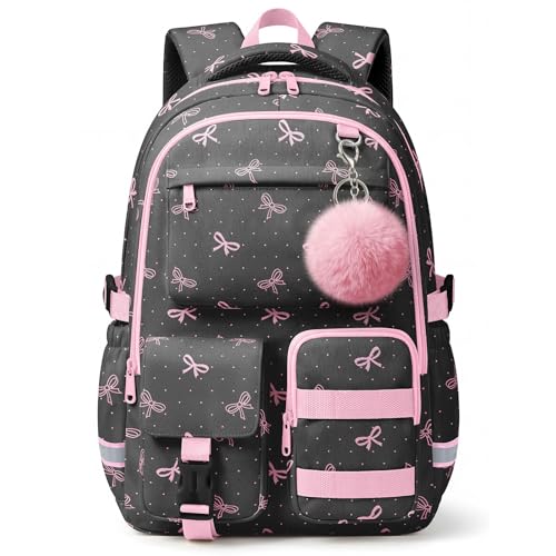 WOBAGMEN Cute Pink Bow Backpack for Teen Girls, Large Capacity Multi-Pocket School Bag Fits 15.6" Laptop, Lightweight Durable Daypack for School and Travel (Pink Bow Polka Dot, M) - color: Pink Bow Polka Dot