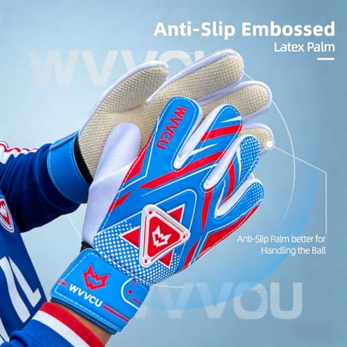 WVVOU Goalkeeper Gloves for Kids Youth, Soccer Goalie Gloves with Double Protection, Anti-Slip Soccer Gloves, Super Grip - color: Blue, size: 7