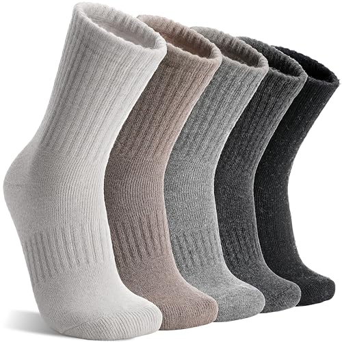MOGGEI 5 Pairs Womens Merino Wool Socks Hiking Warm Winter Thick Thermal Crew Cozy Cabin Ladies Gift Comfy Boot Work Socks - color: Khaki/Black/Grey/White