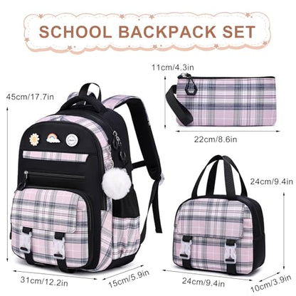 MOMUVO Backpack for Girls with Lunchbox, Kids Backpack with Lunch Box, Bookbag for Girls Kindergarten Elementary Preschool Middle School - color: Black Pink Sets