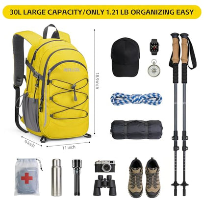 RealCool 30L Lightweight Hiking Backpack, Waterproof Daypack for Camping | 210D tear-resistant nylon, breathable shoulder and back panel, Multi-Compartment,hydration system,reflective strip,bungee net - color: Yellow, size: 30L