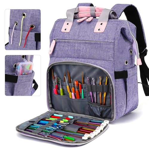 LTINVECK Knitting Bag Backpack,Yarn Storage Organizer Travel Crochet Bag,Large Capacity Tote Bag Yarn Holder Case for Carrying Projects, Knitting Needles, Crochet Hooks,Purple - color: Purple
