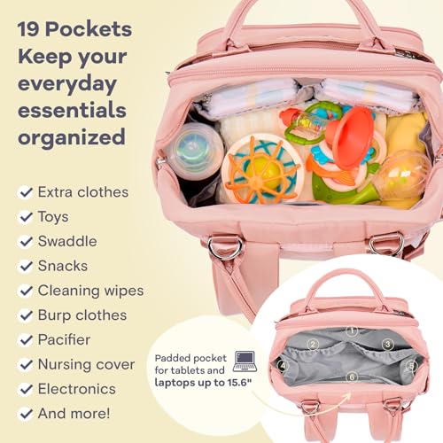 RUVALINO Diaper Bag Backpack, Multifunction Travel Back Pack for Girls, Maternity Baby Changing Bags with Changing Pad for Mom, Large Capacity, Waterproof and Stylish, Pink - color: Pink