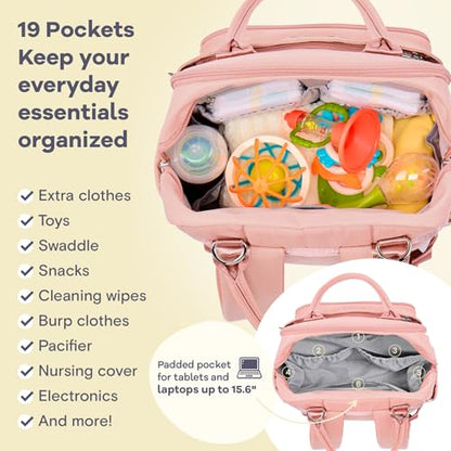 RUVALINO Diaper Bag Backpack, Multifunction Travel Back Pack for Girls, Maternity Baby Changing Bags with Changing Pad for Mom, Large Capacity, Waterproof and Stylish, Pink - color: Pink