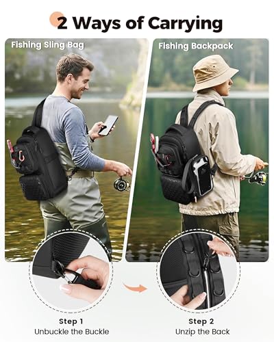 MATEIN Fishing Sling Bag with Lure Rod Holder & Phone Pouch, Waterproof 3600 Tackle Box Backpack with Removable Bait Binder - color: Black